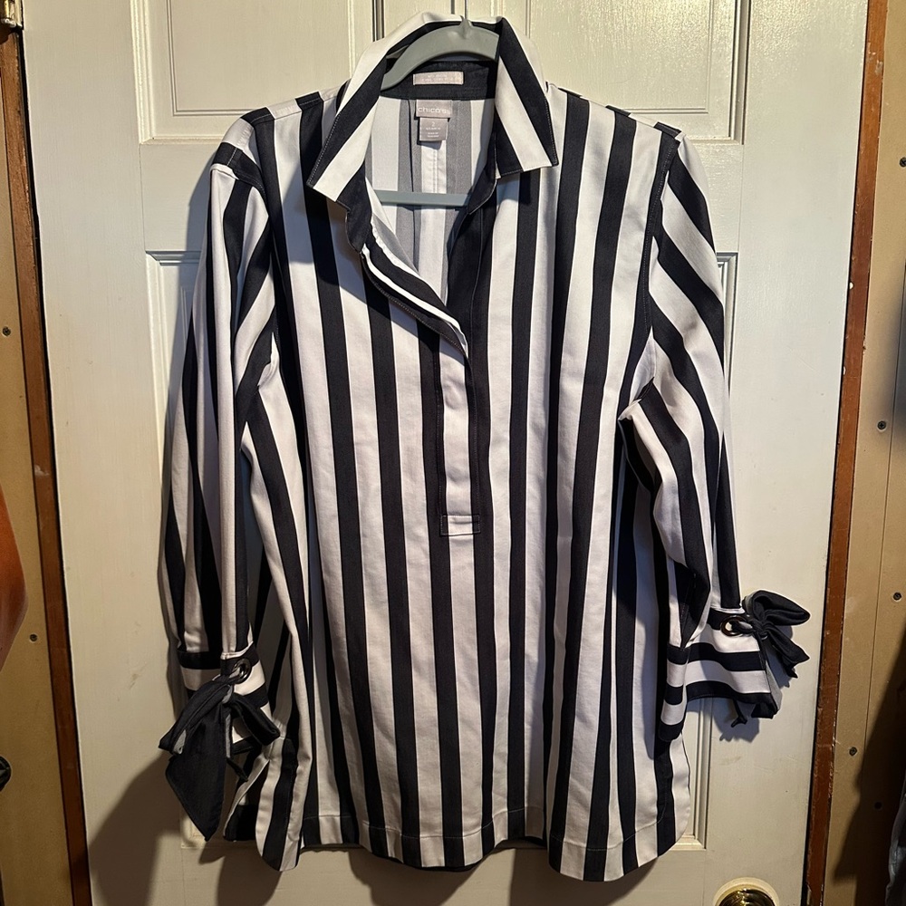 Chico's Darn Blue Denim and White Striped Button Shirt with Sleeve Detail